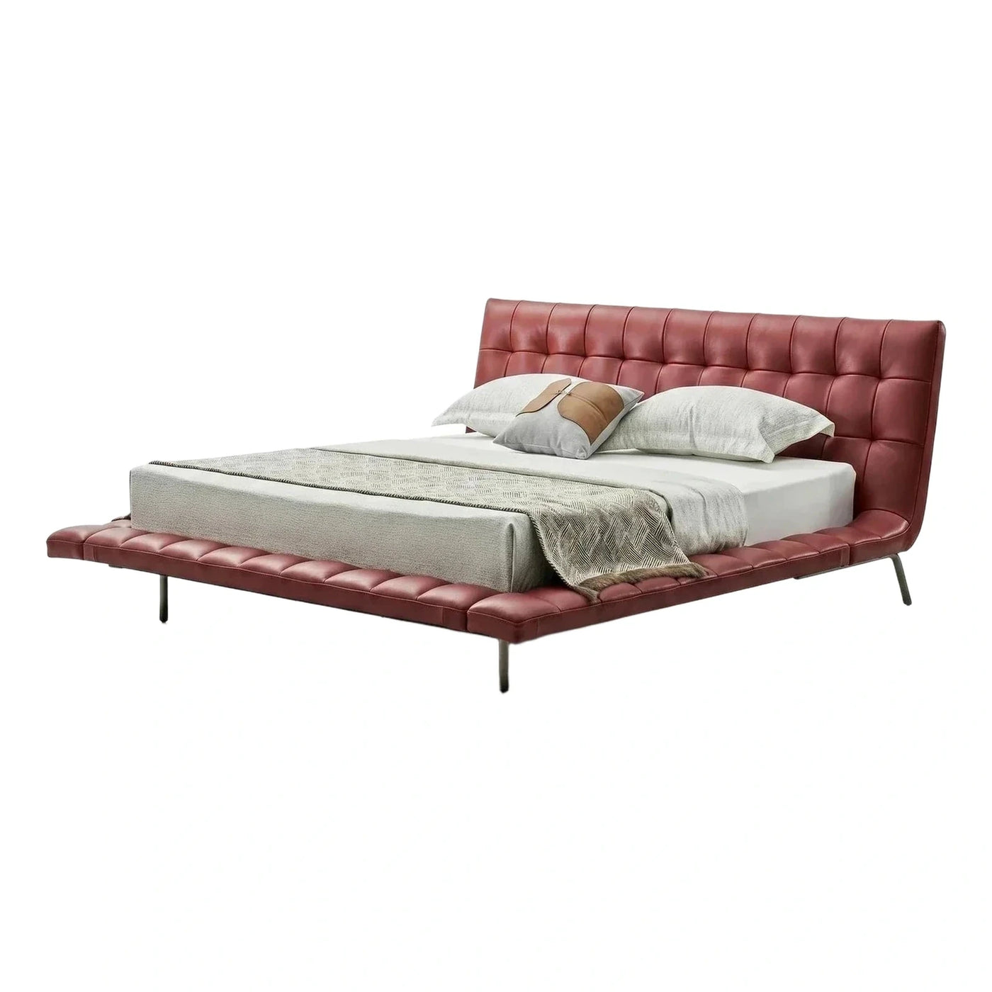 Modern Red Leather Tufted Platform Bed Frame