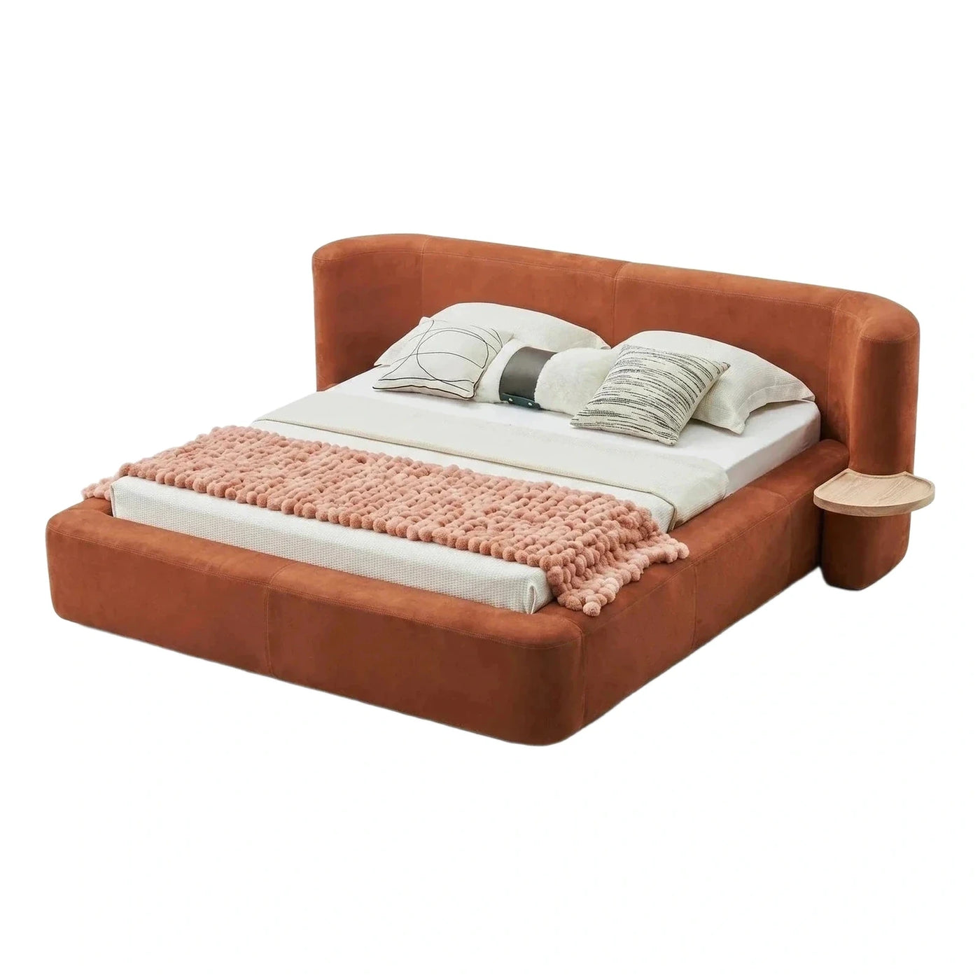 Terracotta Upholstered Platform Bed With Side Table
