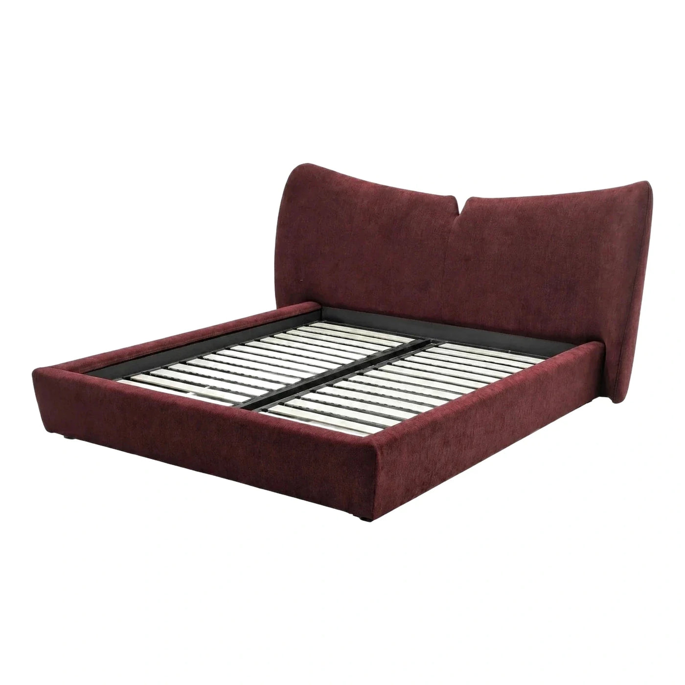 Modern Burgundy Upholstered Bed Frame with Wooden Slats