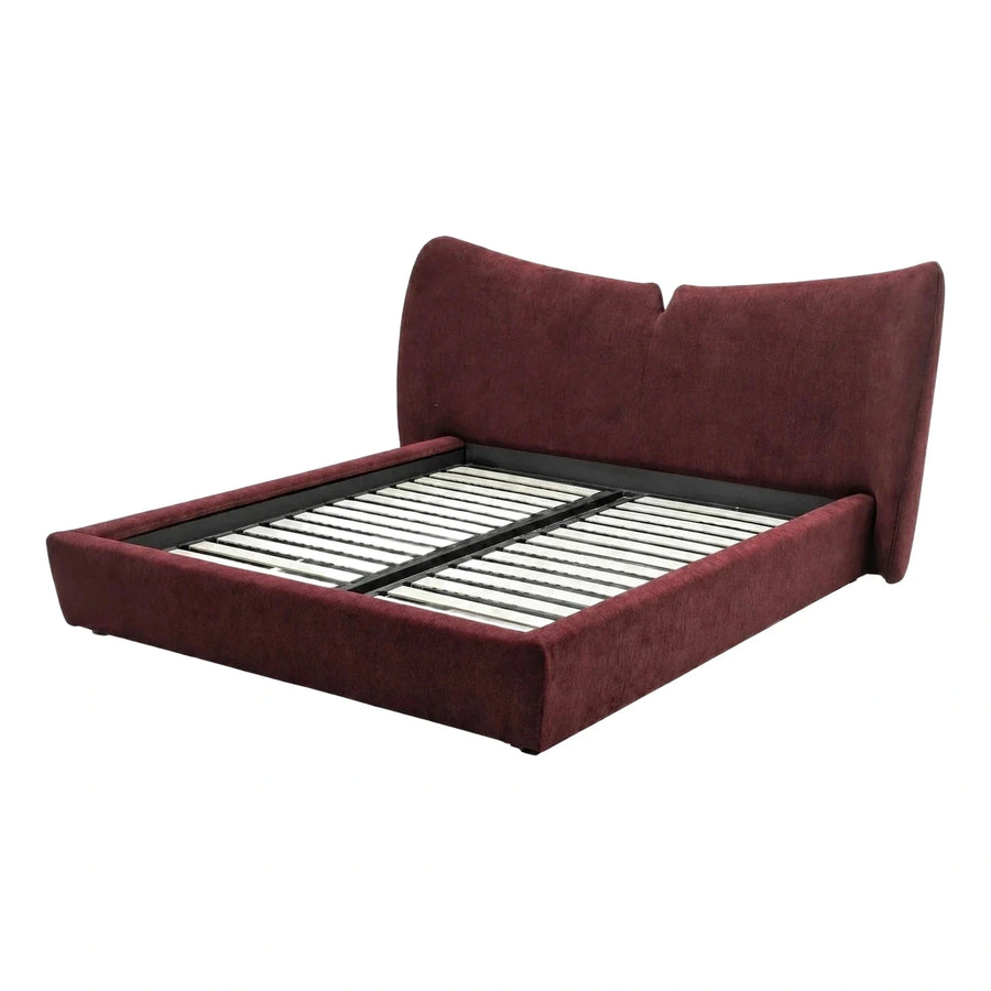 Modern Burgundy Upholstered Bed Frame with Wooden Slats