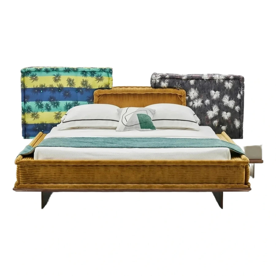 Modern Mustard Velvet Platform Bed with Wooden Base