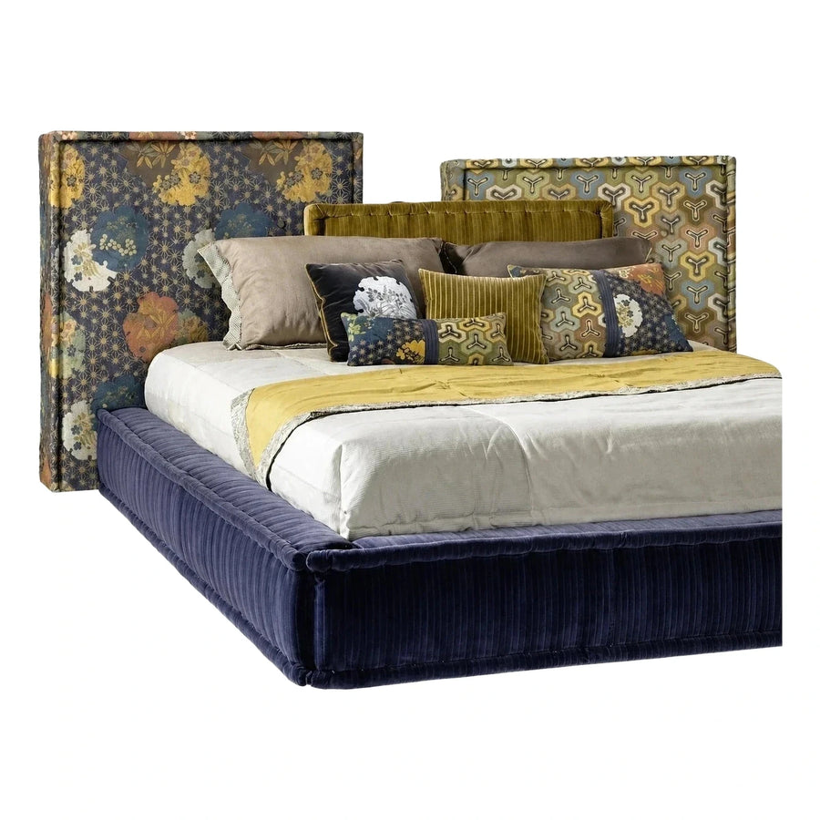 Upholstered Platform Bed with Tall Patterned Headboard