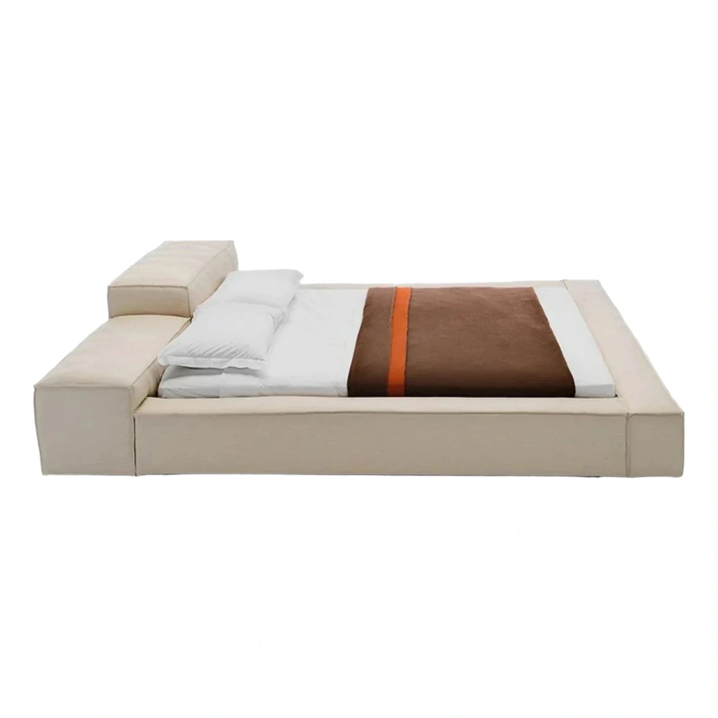 Modern Cream Upholstered Platform Bed with Asymmetrical Headboard