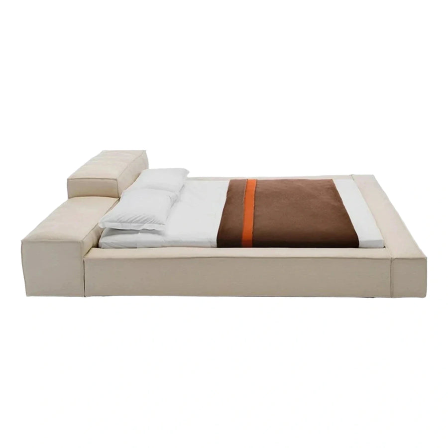 Modern Cream Upholstered Platform Bed with Asymmetrical Headboard