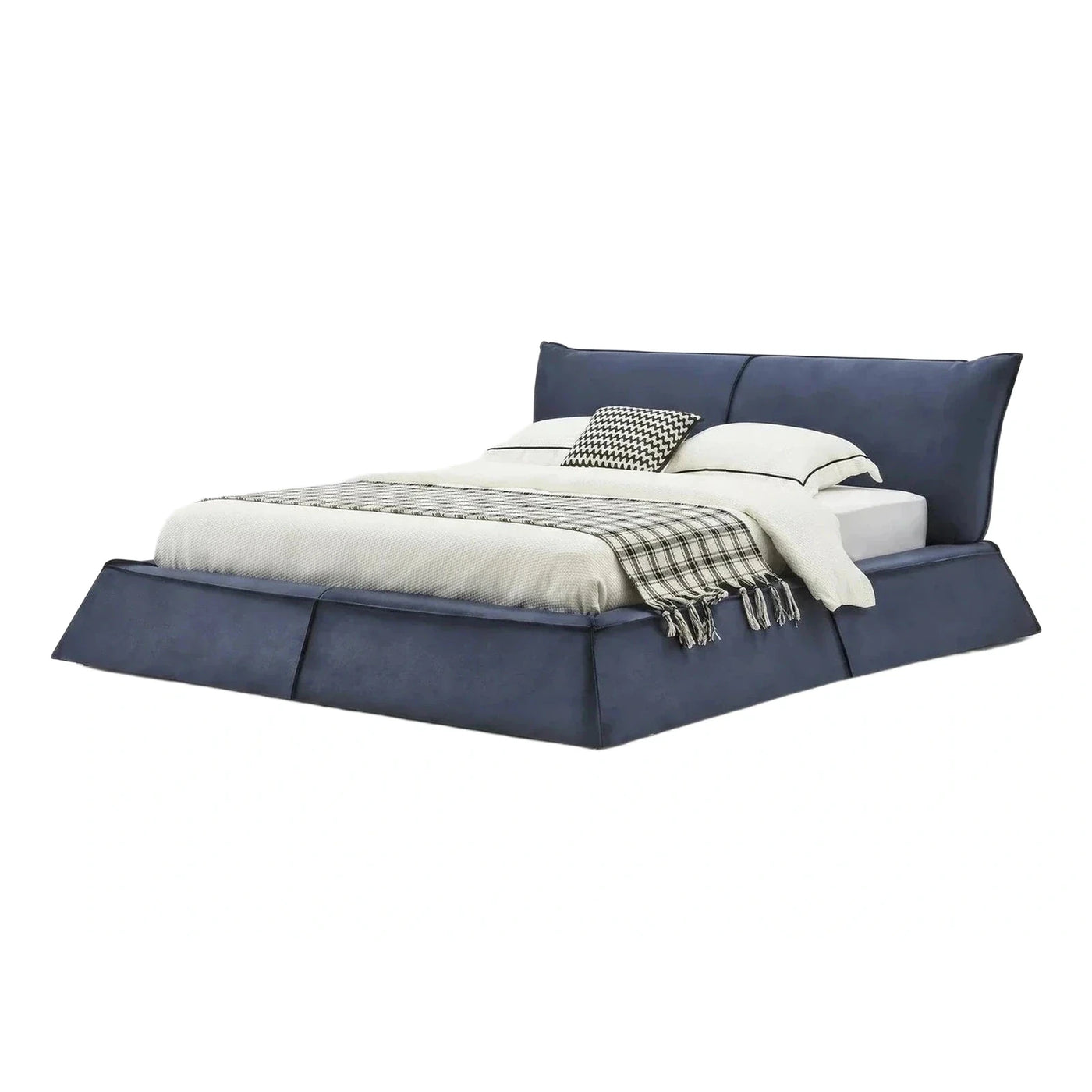 Modern Navy Blue Upholstered Platform Bed Frame