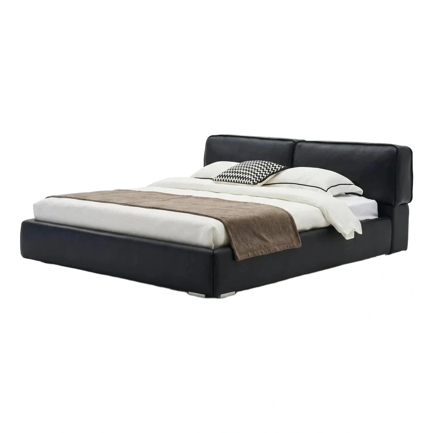 Modern Black Leather Platform Bed with Split Headboard