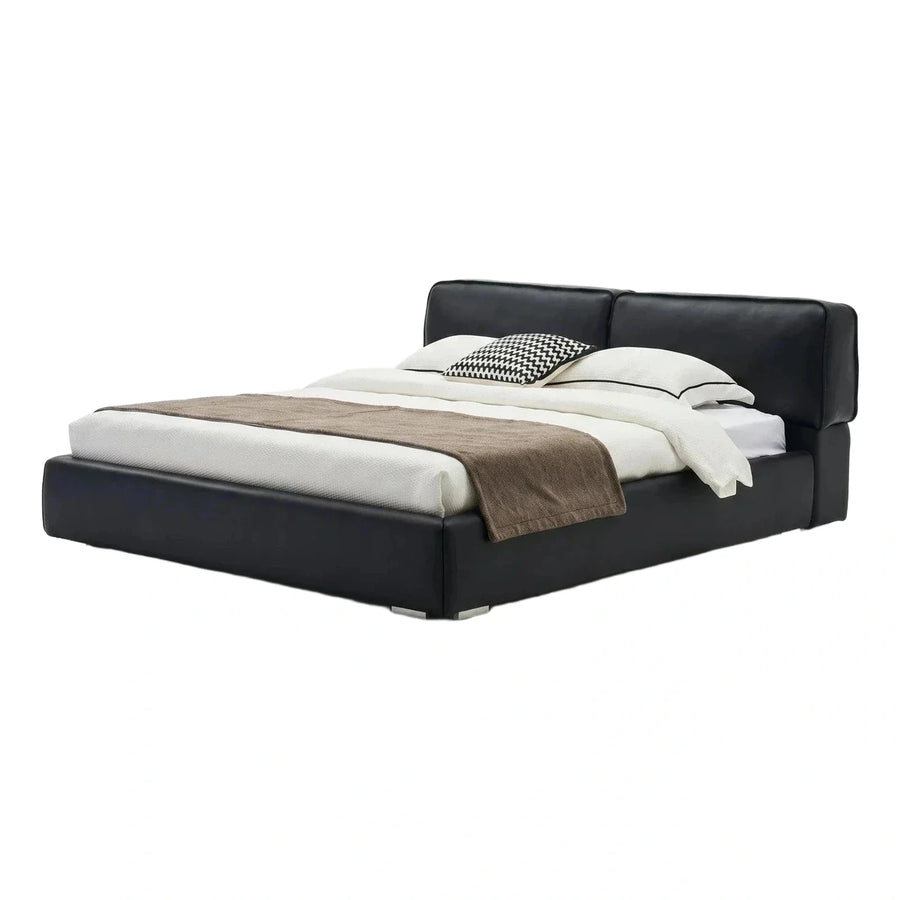 Modern Black Leather Platform Bed with Split Headboard