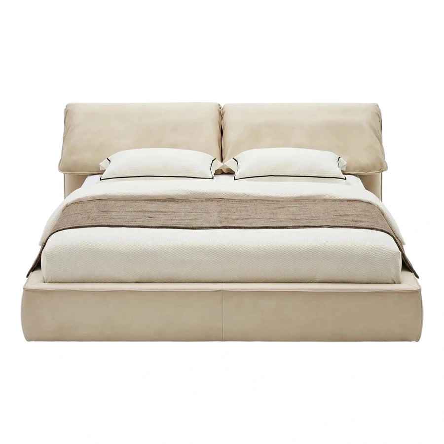 Modern Beige Leather Platform Bed with Split Headboard