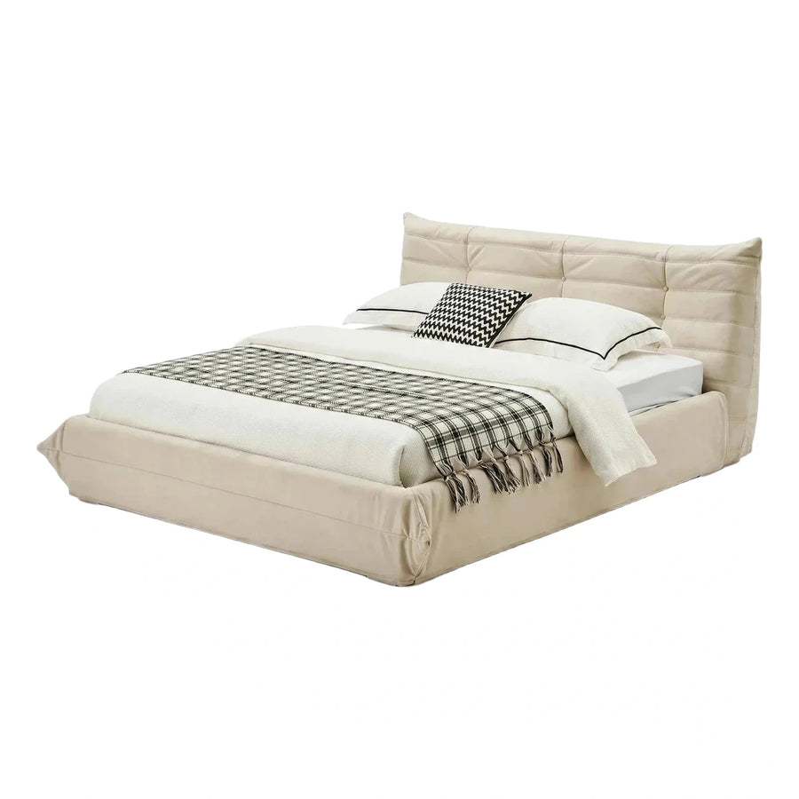 Cream Leather Upholstered Platform Bed With Tufted Headboard