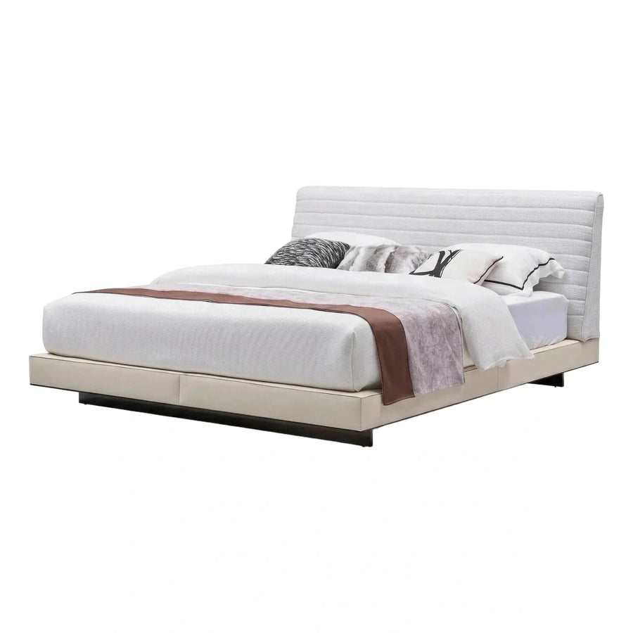 Modern Cream Upholstered Platform Bed with Tufted Headboard