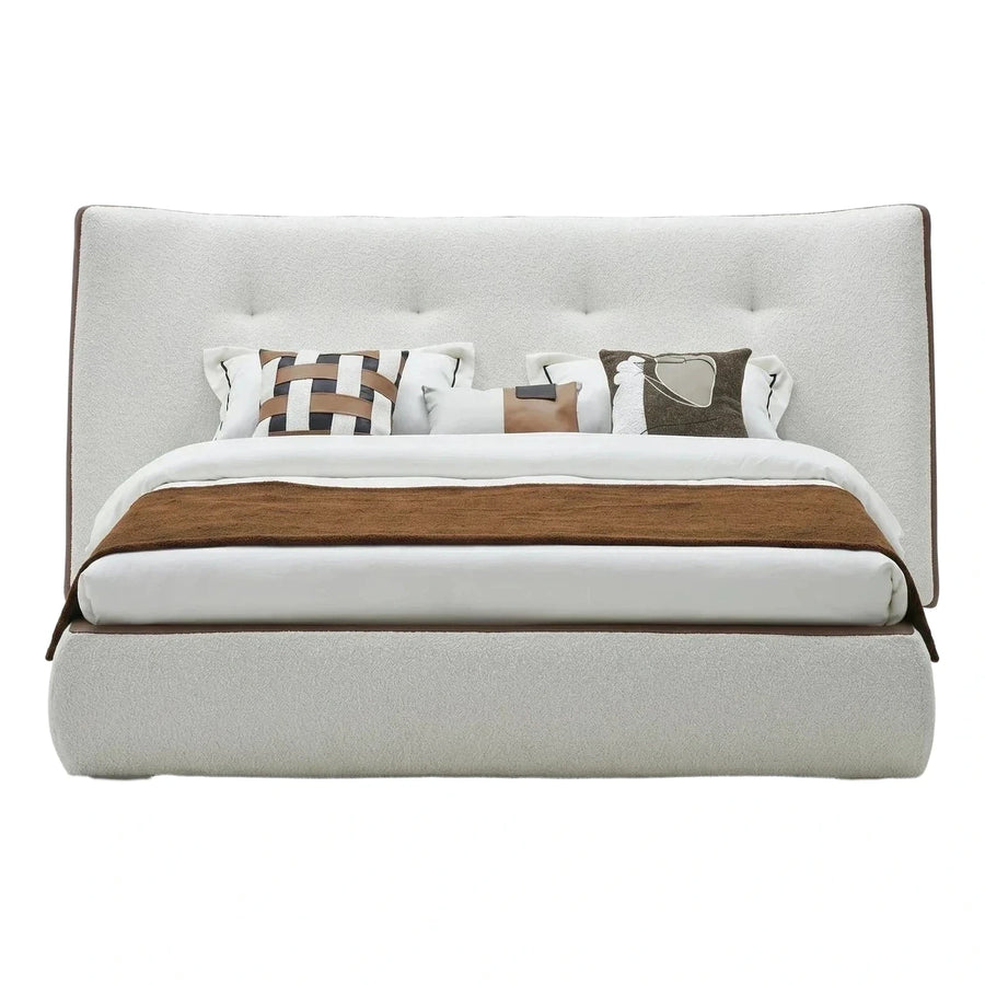 Cream Upholstered Platform Bed with Tufted Headboard