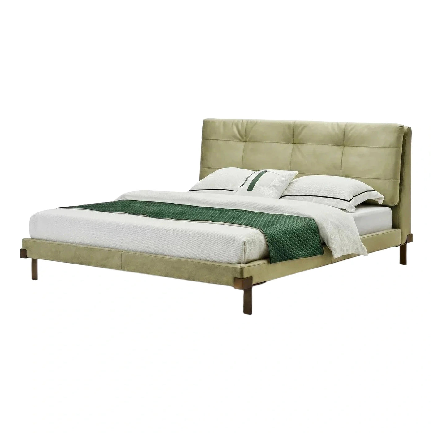 Sage Green Upholstered Platform Bed With Tufted Headboard