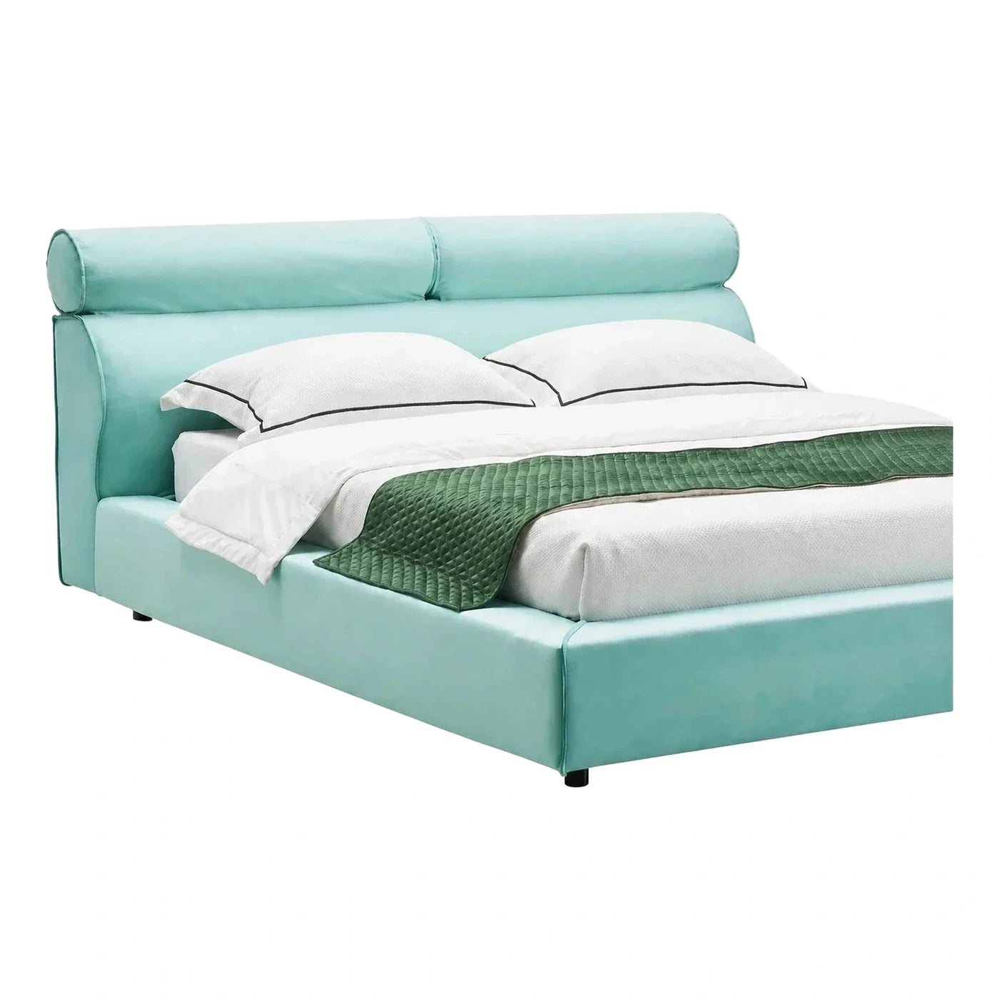 Teal Velvet Platform Bed with Rolled Headboard