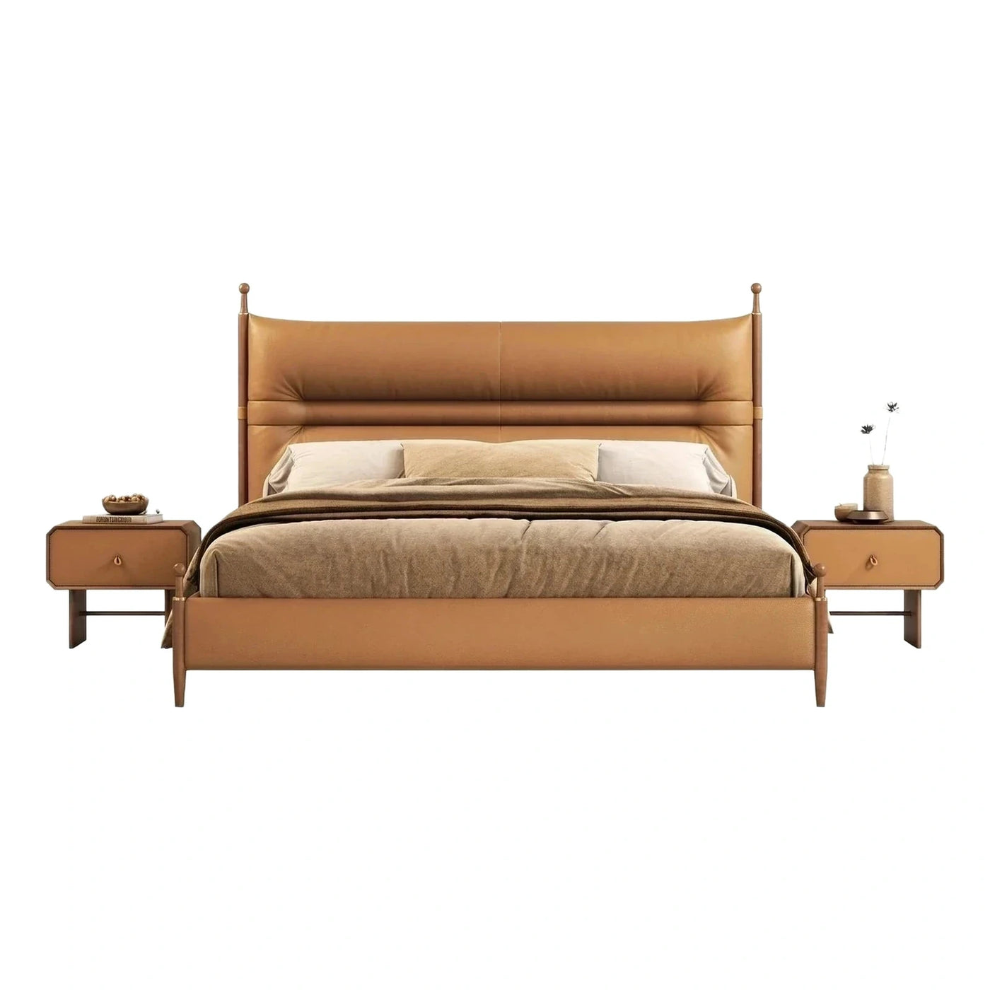 Tan Leather Upholstered Bed Frame with Nightstands