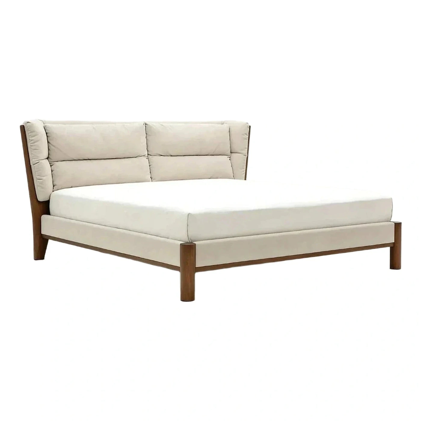 Modern Cream Upholstered Platform Bed with Wood Frame
