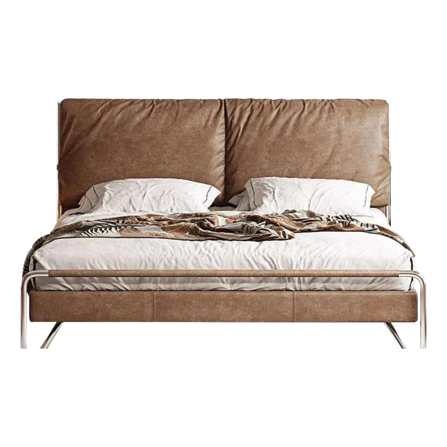 Modern Brown Upholstered Platform Bed with Metal Frame