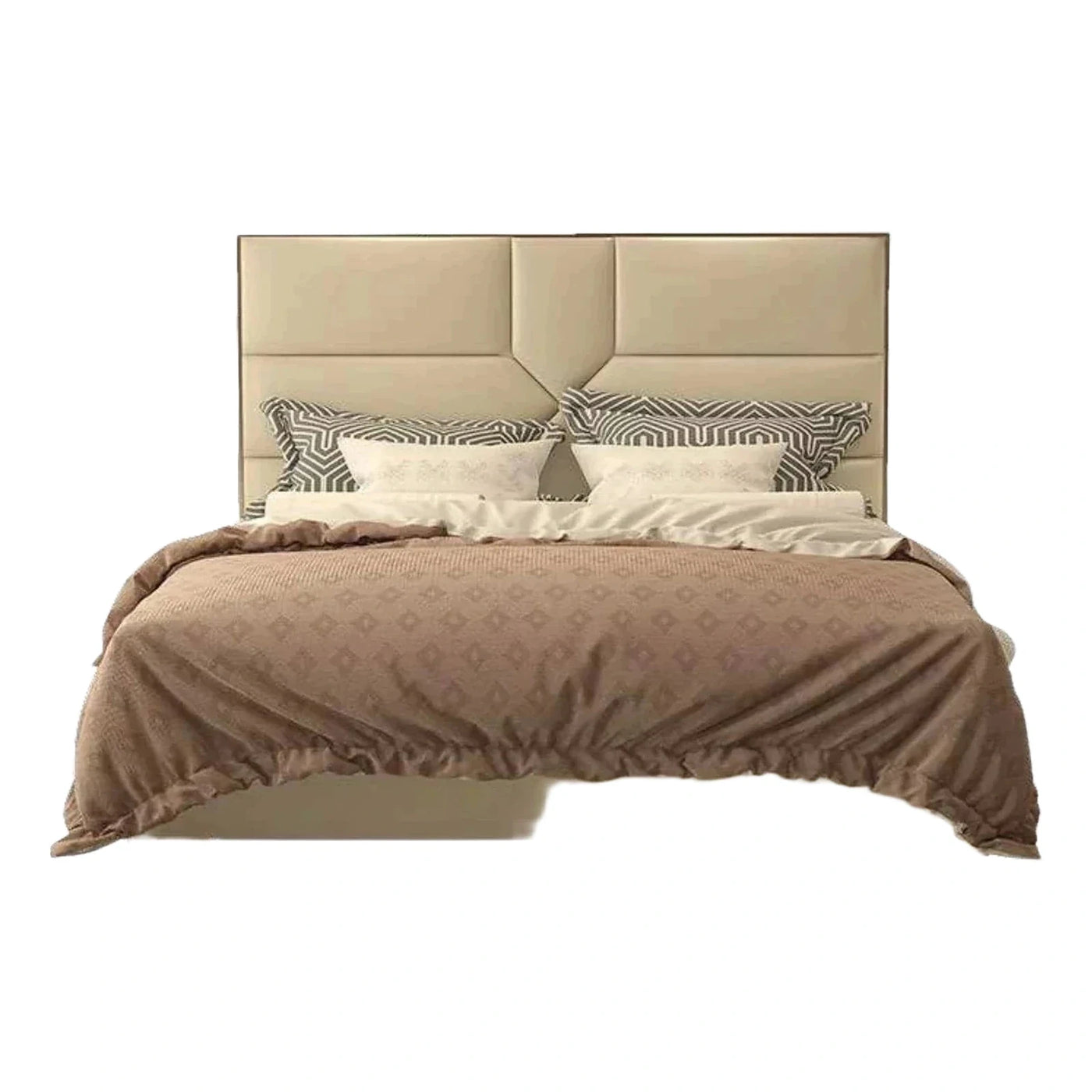 Modern Beige Upholstered Bed with Geometric Headboard