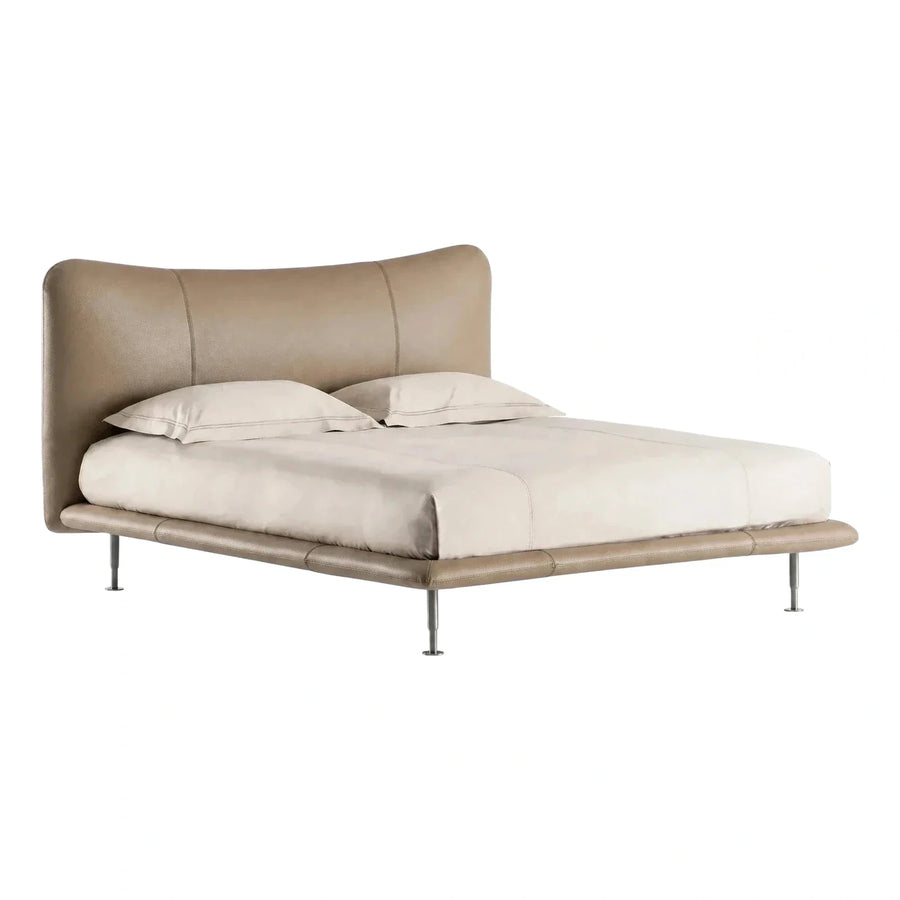 Modern Beige Leather Platform Bed with Curved Headboard