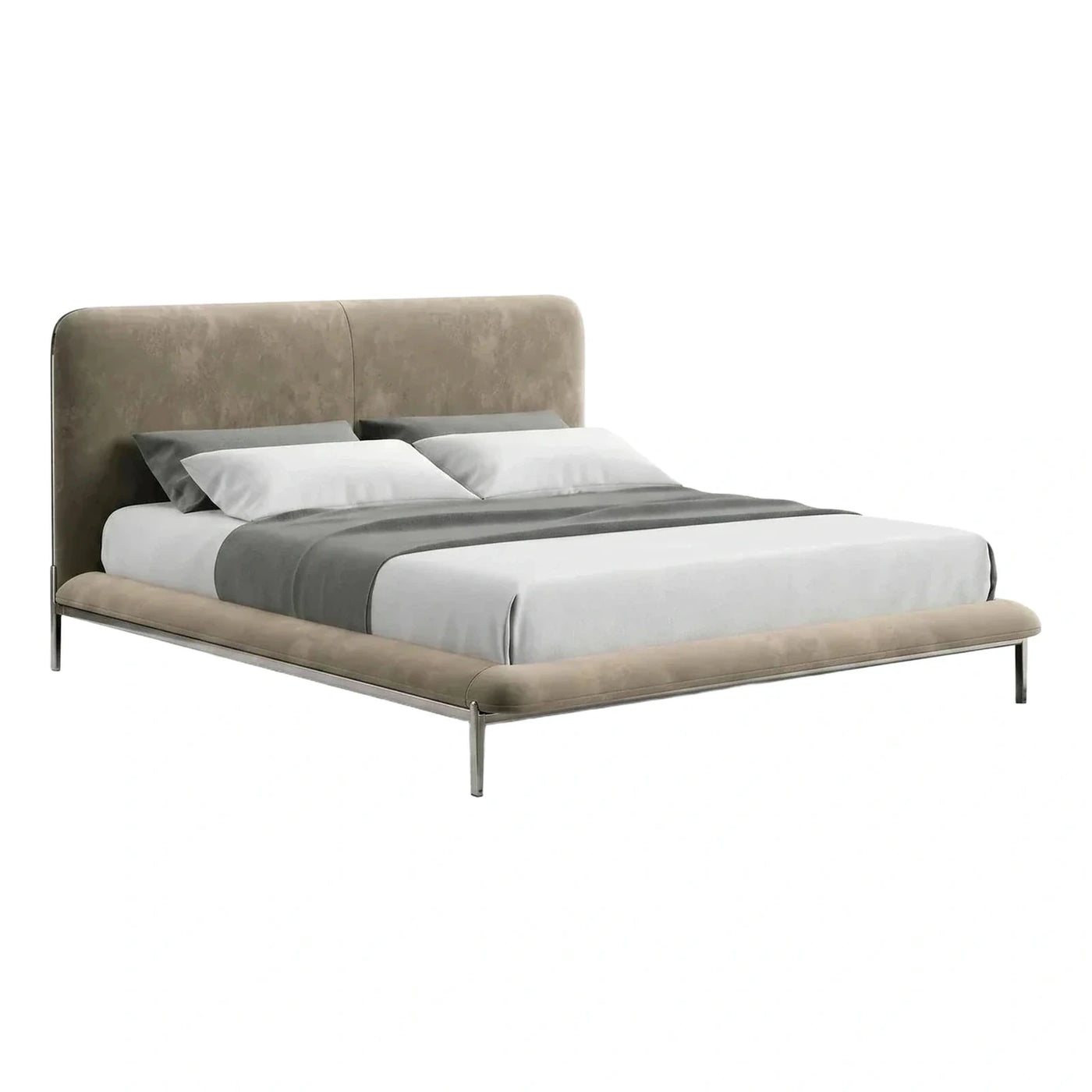 Modern Taupe Upholstered Platform Bed with Metal Legs