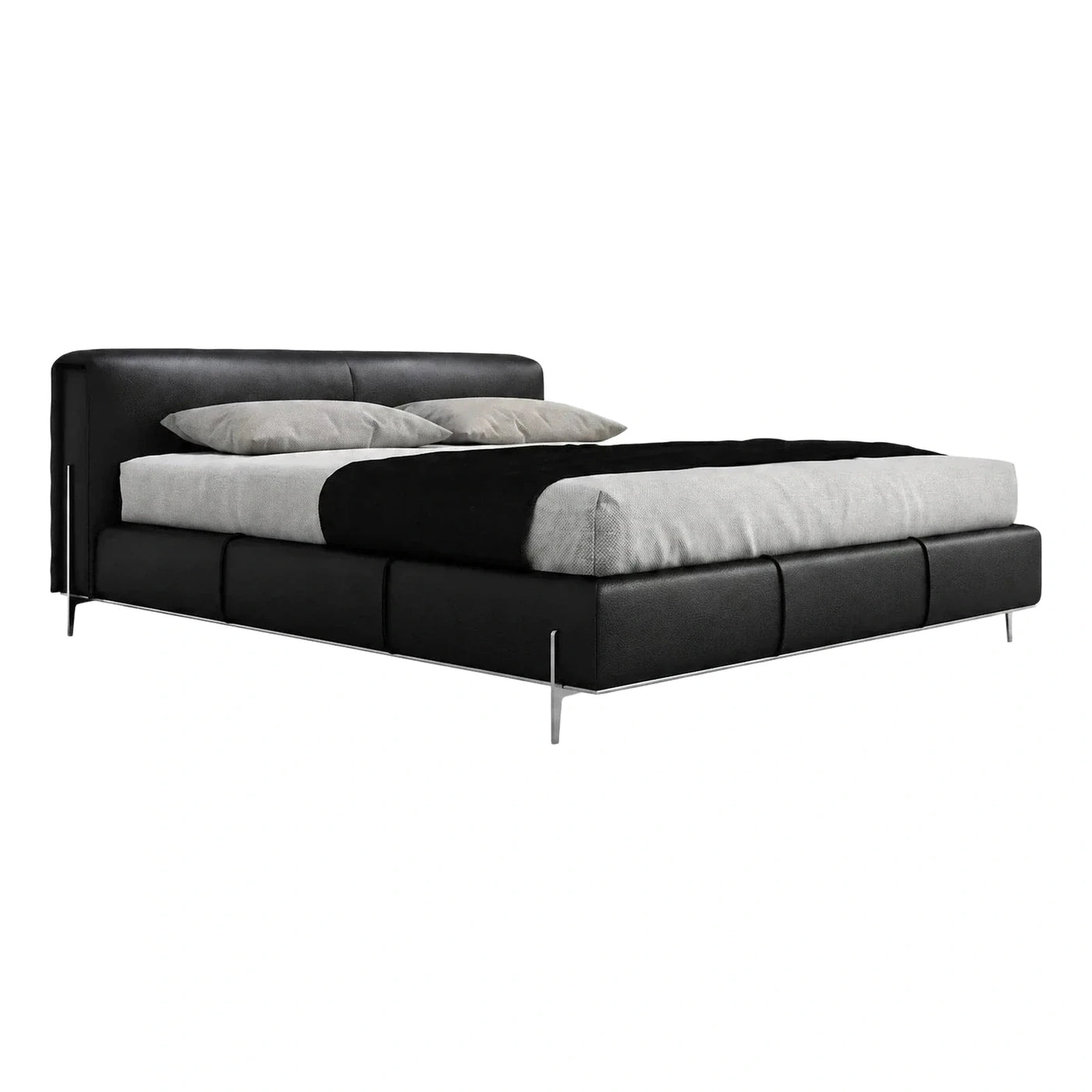 Modern Black Leather Upholstered Platform Bed Frame