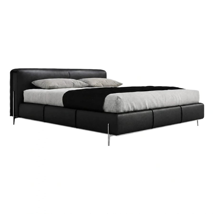 Modern Black Leather Upholstered Platform Bed Frame