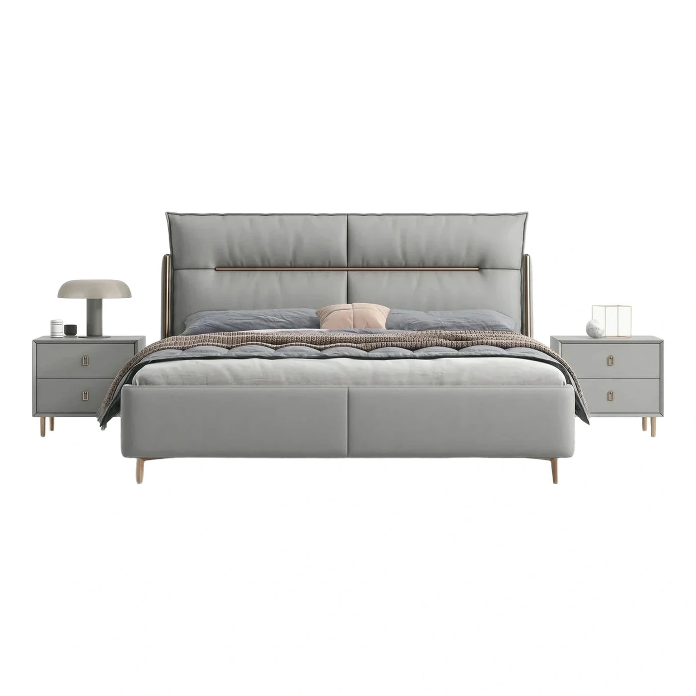 Modern Grey Upholstered Bed with Metal Accents