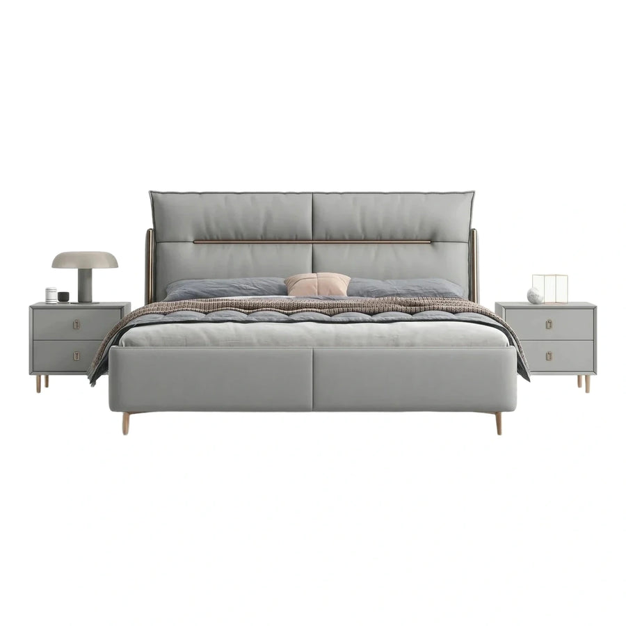 Modern Grey Upholstered Bed with Metal Accents