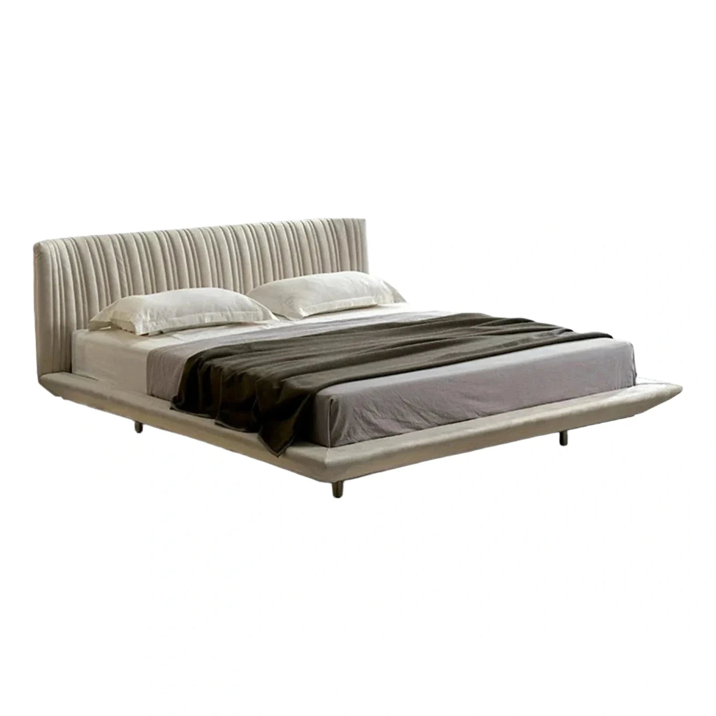 Beige Upholstered Platform Bed with Channel Tufted Headboard