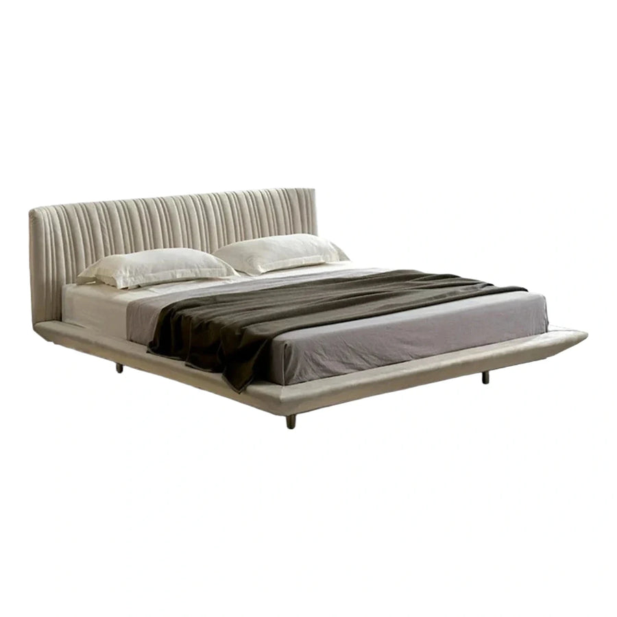 Beige Upholstered Platform Bed with Channel Tufted Headboard