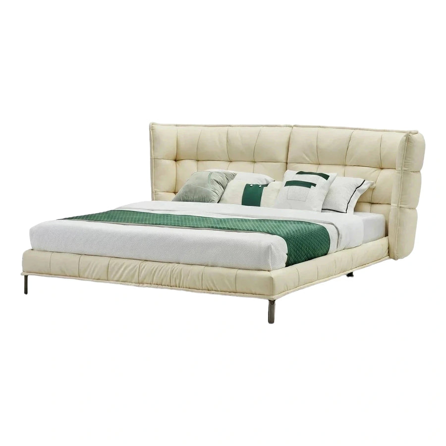Cream Leather Upholstered Platform Bed with Winged Headboard