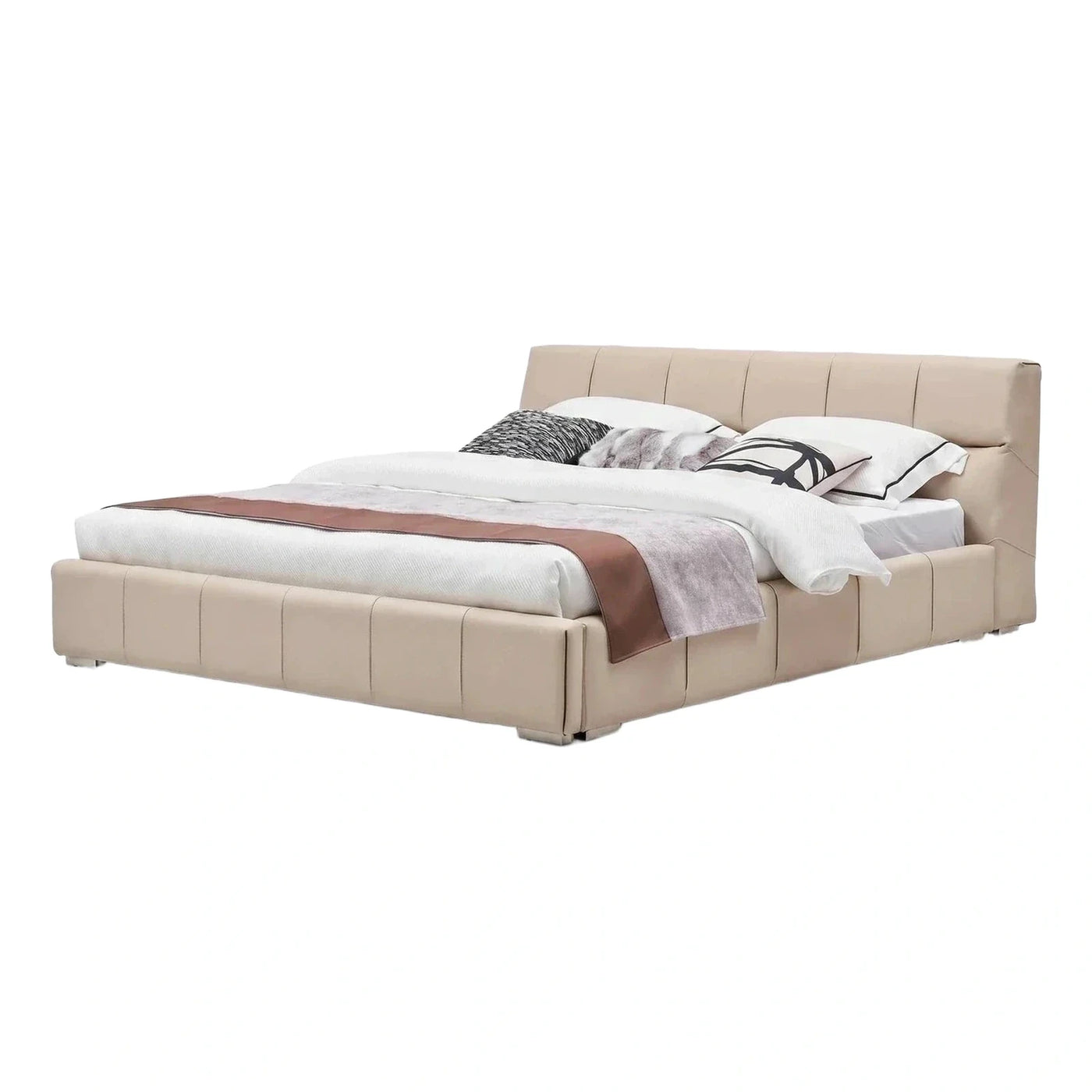 Modern Beige Upholstered Platform Bed with Tufted Headboard