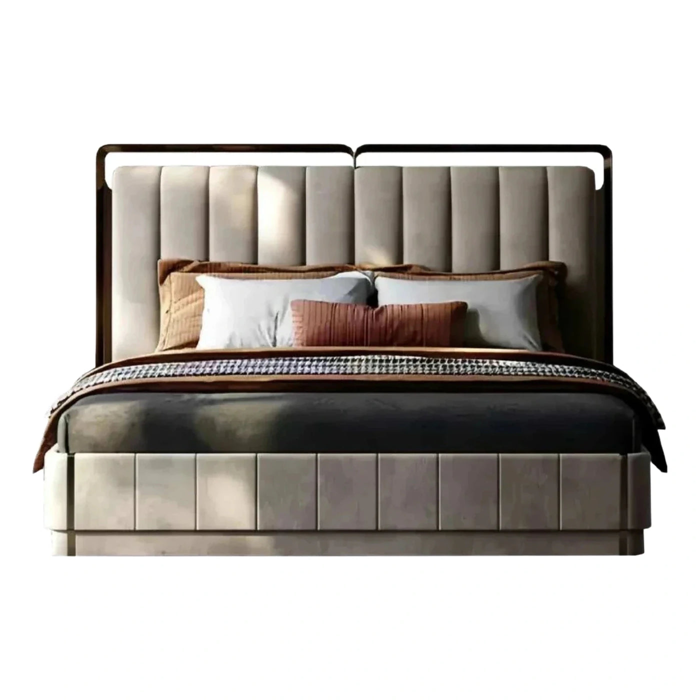 Cream Upholstered Bed with Channel Tufted Headboard and Metal Frame