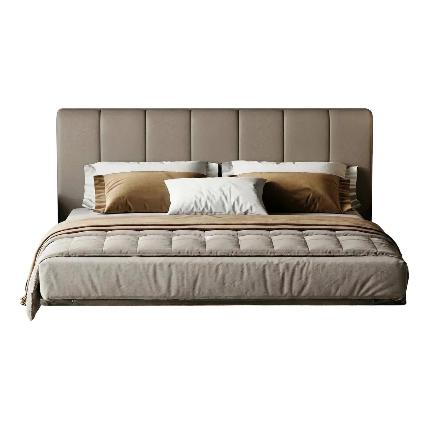 Modern Taupe Leather Platform Bed with Fluted Base
