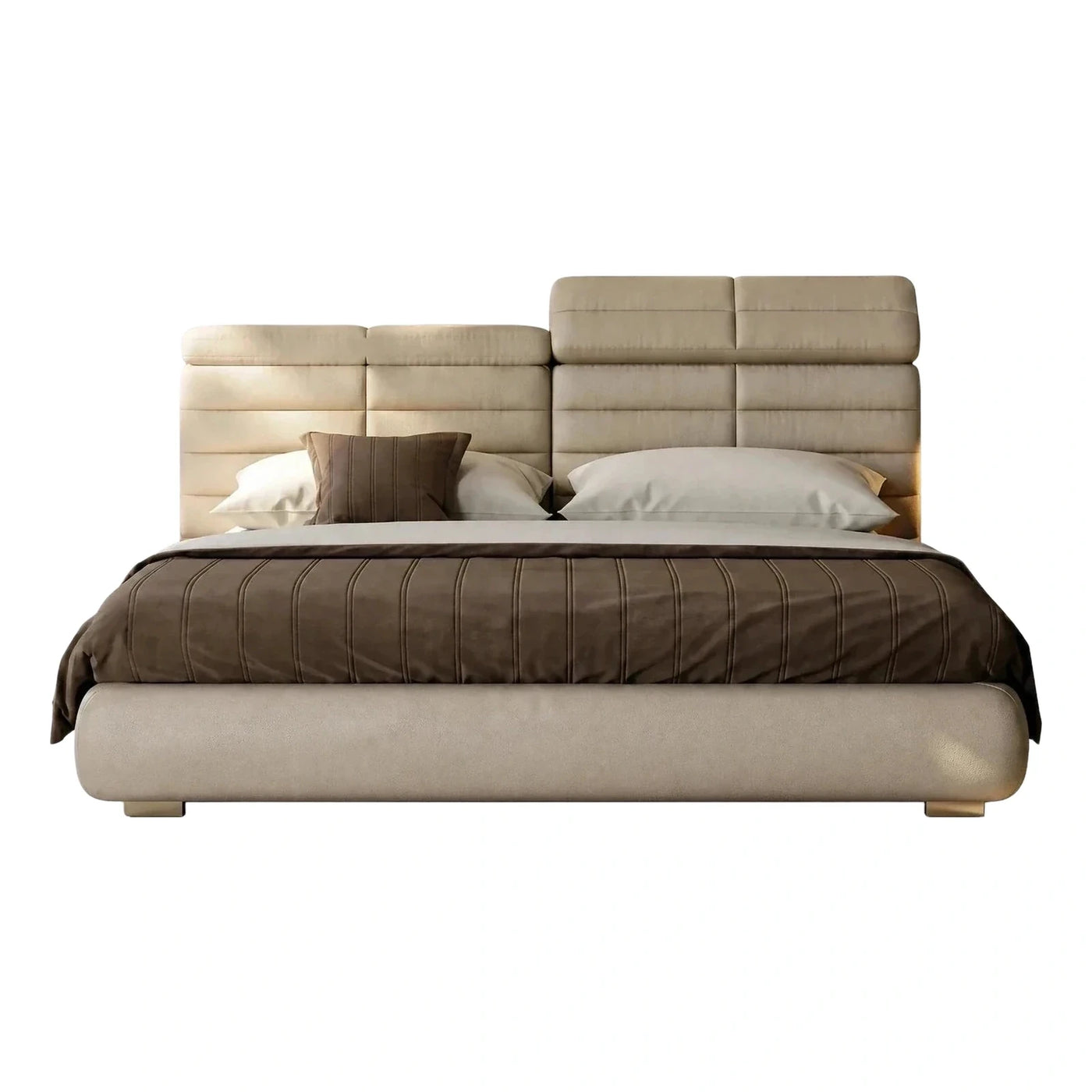 Modern Cream Leather Platform Bed with Stepped Headboard