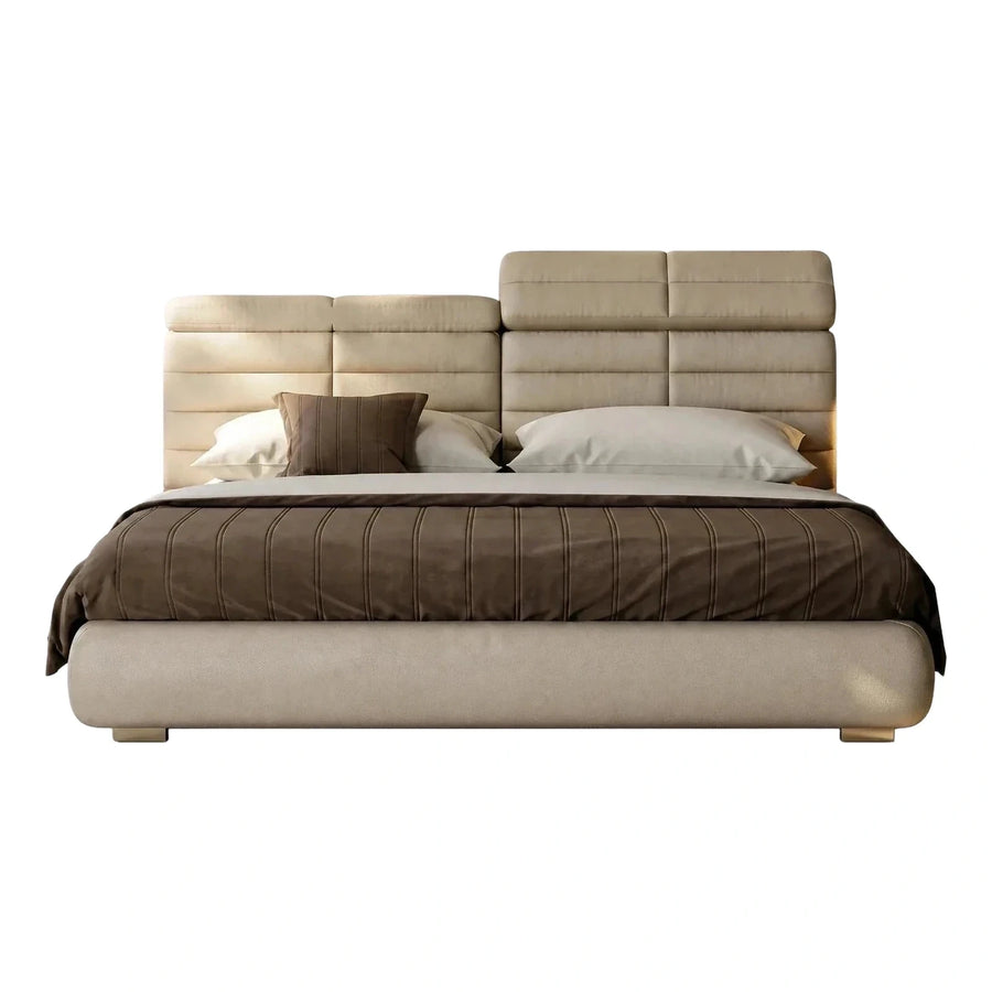 Modern Cream Leather Platform Bed with Stepped Headboard