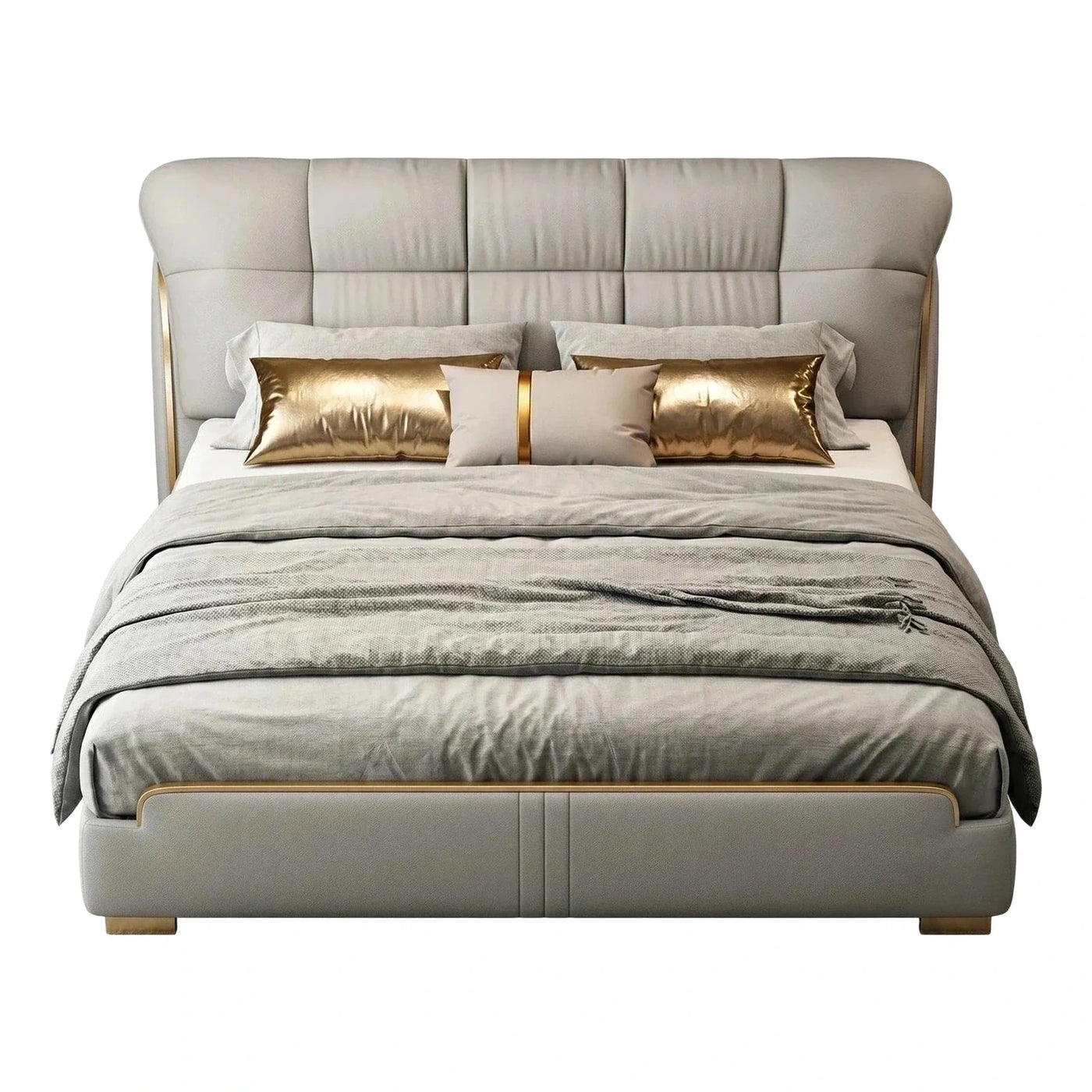 Modern Grey Upholstered Platform Bed with Gold Accents