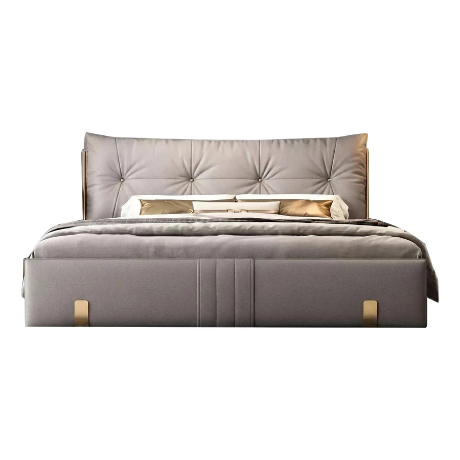 Modern Grey Upholstered Platform Bed with Gold Accents