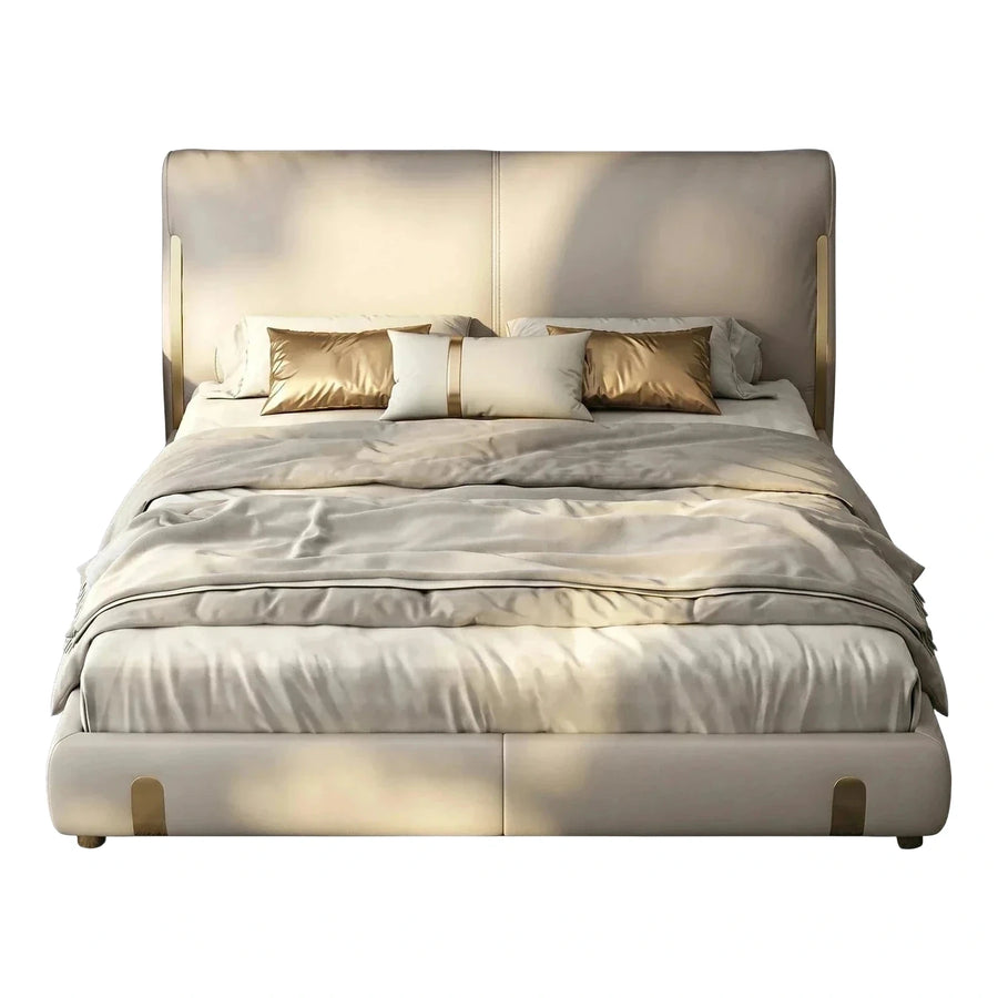 Modern Cream Leather Platform Bed with Gold Accents