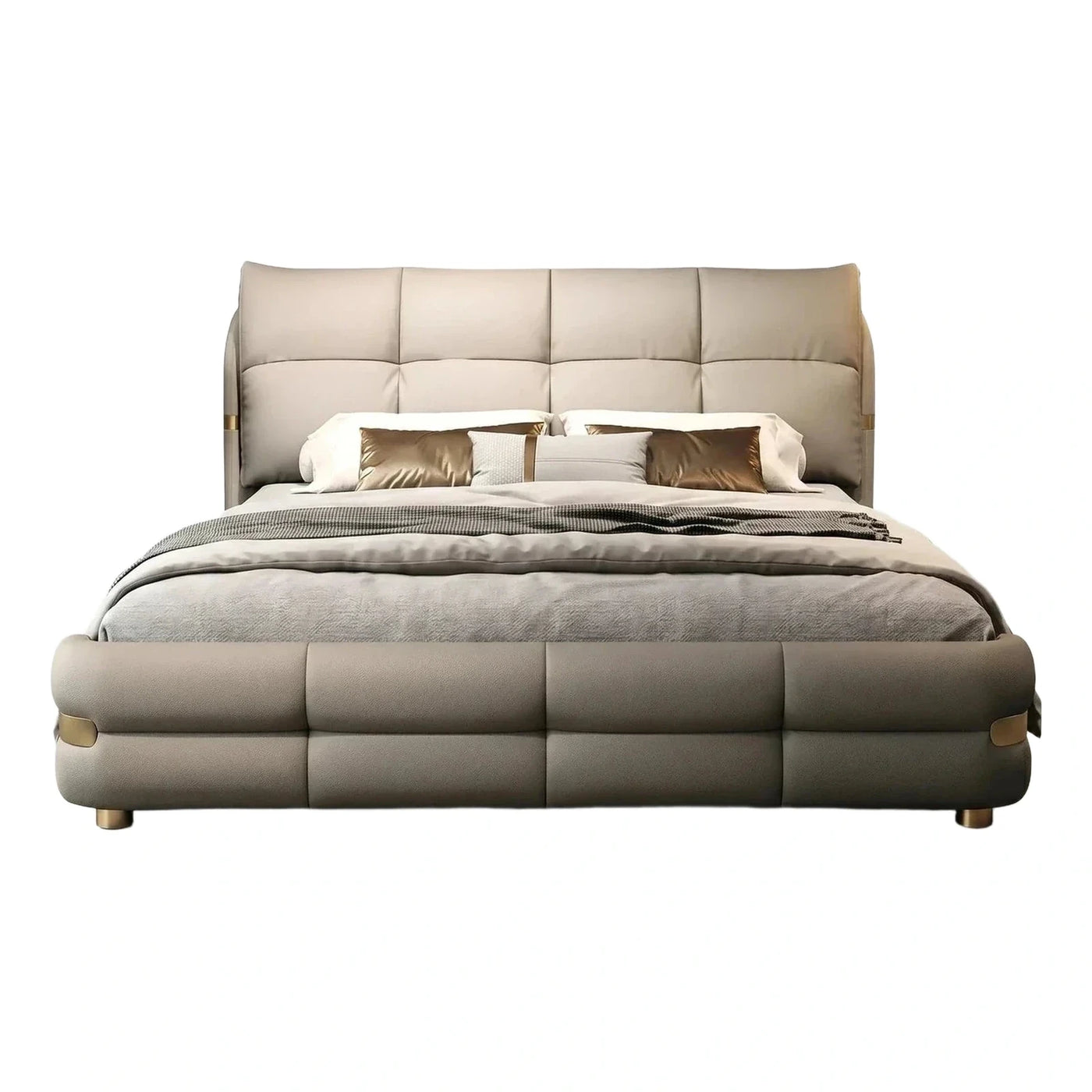 Modern Beige Leather Platform Bed with Gold Accents