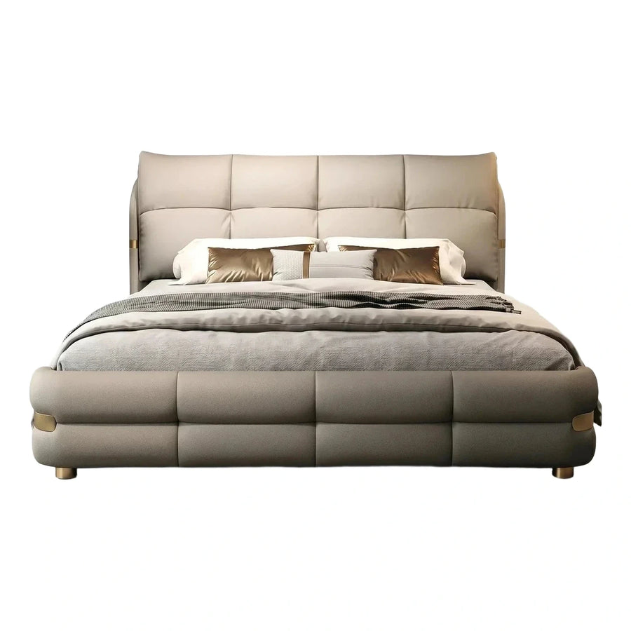 Modern Beige Leather Platform Bed with Gold Accents