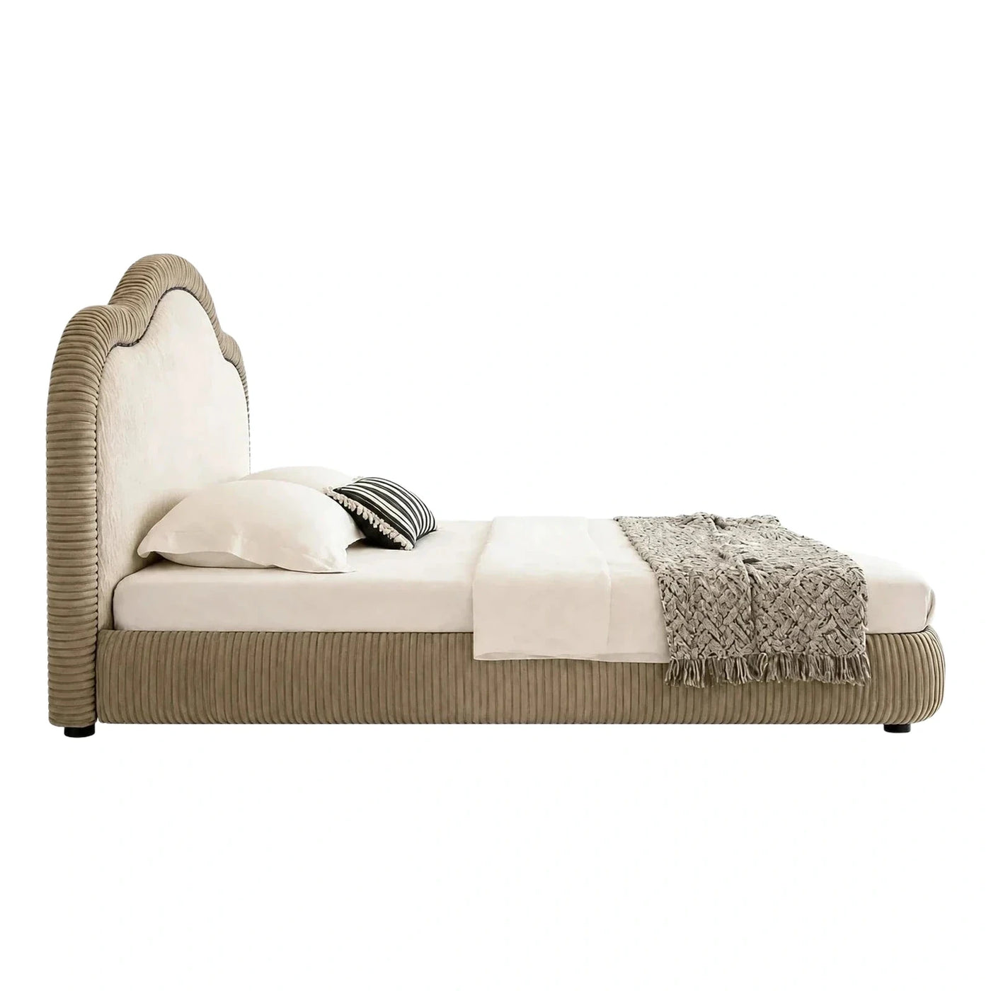 Scalloped Ribbed Upholstered Bed Frame Beige