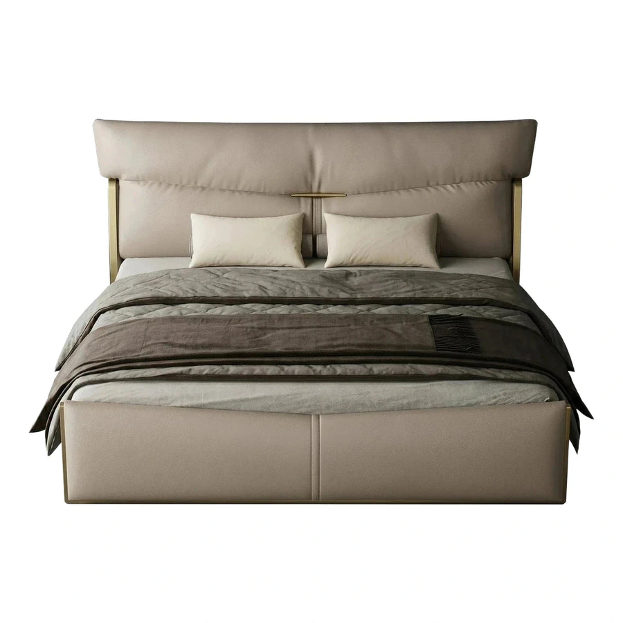 Modern Beige Leather Bed with Gold Metal Accents