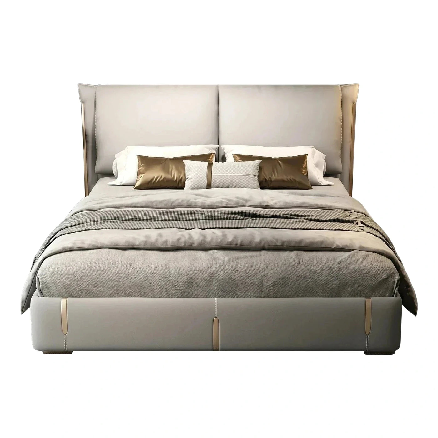 Modern Grey Upholstered Platform Bed with Gold Accents