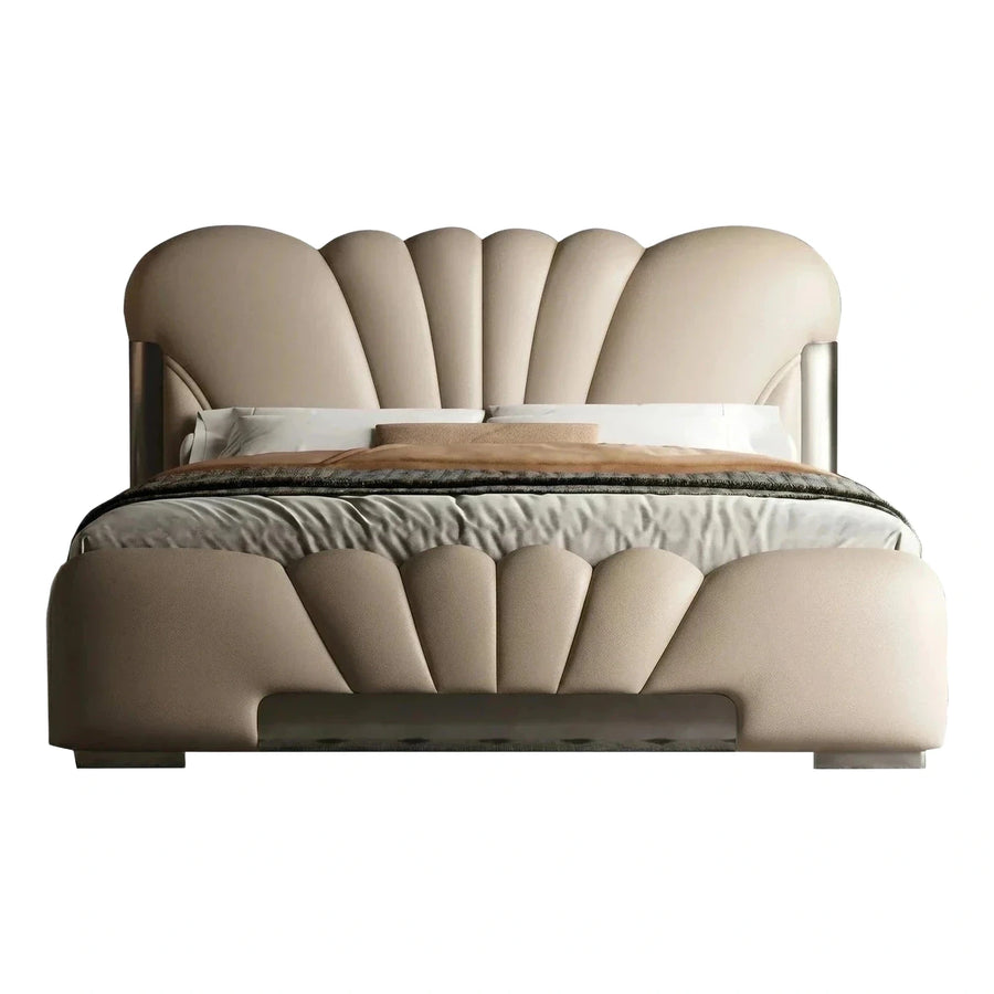 Beige Upholstered Shell Shape Platform Bed