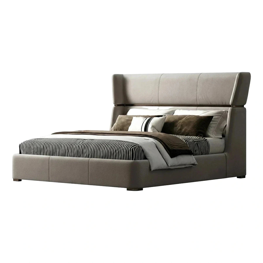 Modern Grey Leather Platform Bed with Floating Headboard