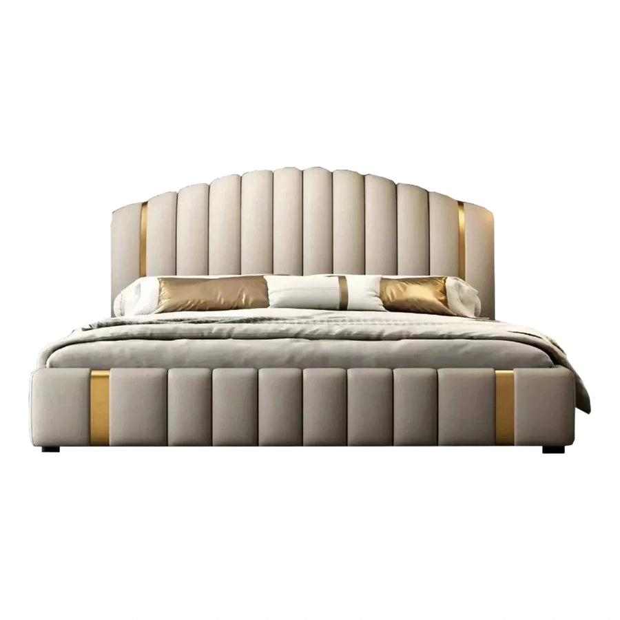 Cream Upholstered Fluted Platform Bed with Gold Accents