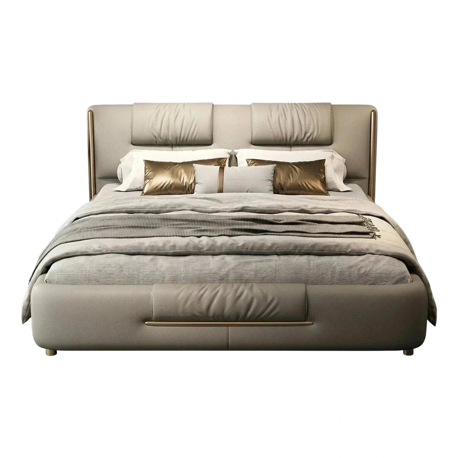 Modern Beige Leather Platform Bed with Gold Accents