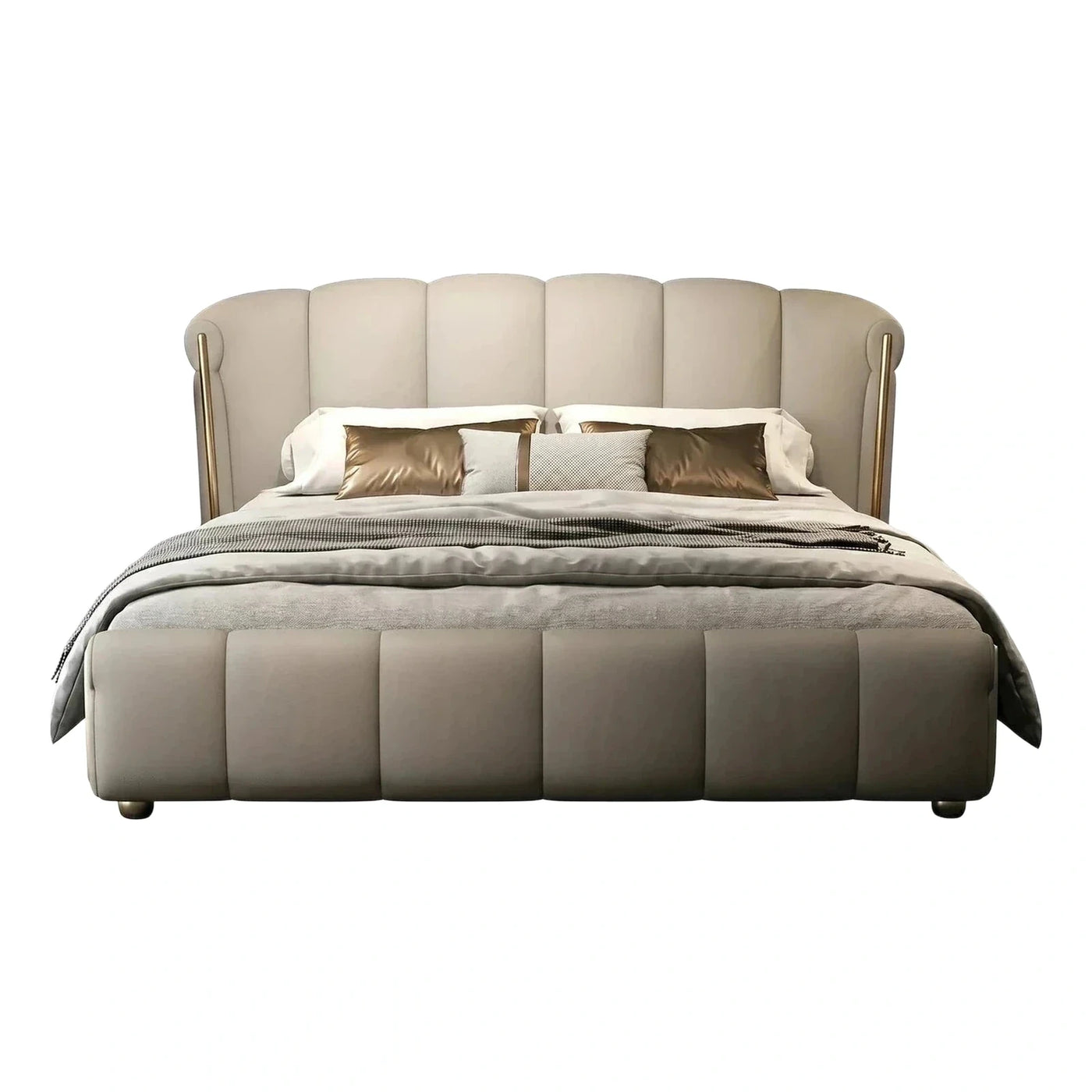 Beige Scalloped Upholstered Bed with Gold Accents