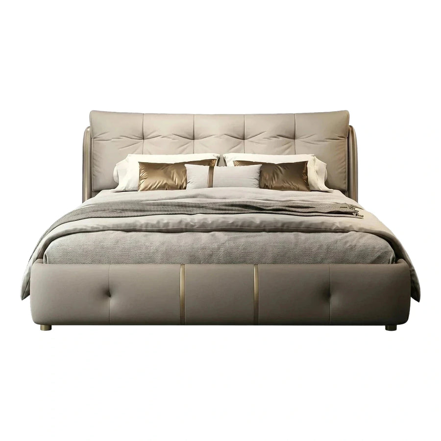 Modern Beige Upholstered Platform Bed with Tufted Headboard