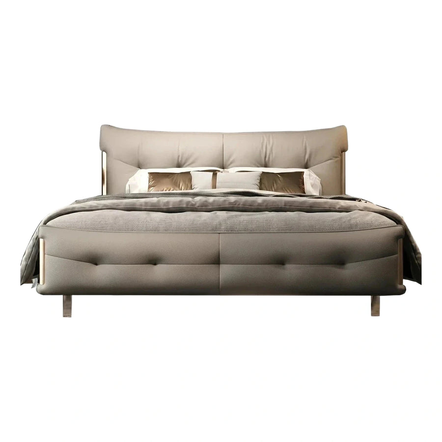 Modern Beige Leather Platform Bed with Metal Accents
